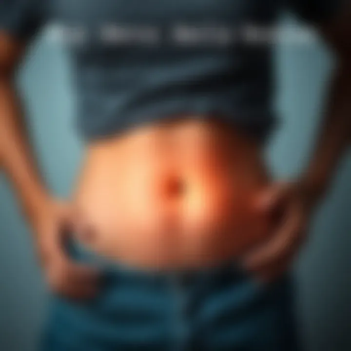 Person holding their stomach Individual with a concerned expression holding their belly and avoiding touch near the belly button