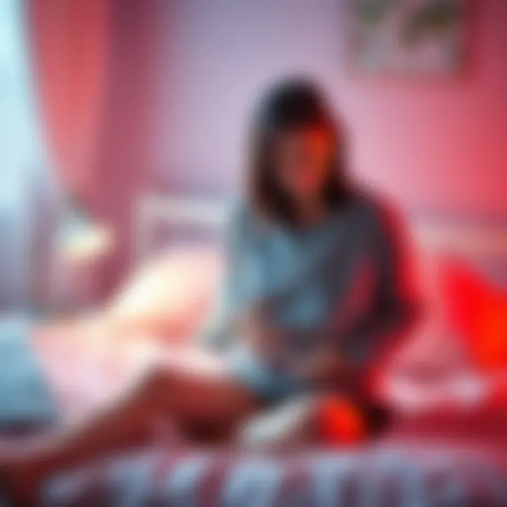 Person Holding Their Stomach in Pain A person sitting on a bed, holding their stomach in pain, looking anxious and worried about an upcoming eye appointment.