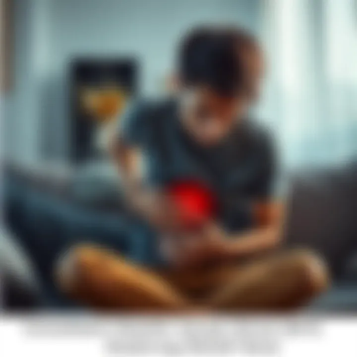 Individual sitting on a couch, holding their stomach and looking distressed, representing ongoing health struggles