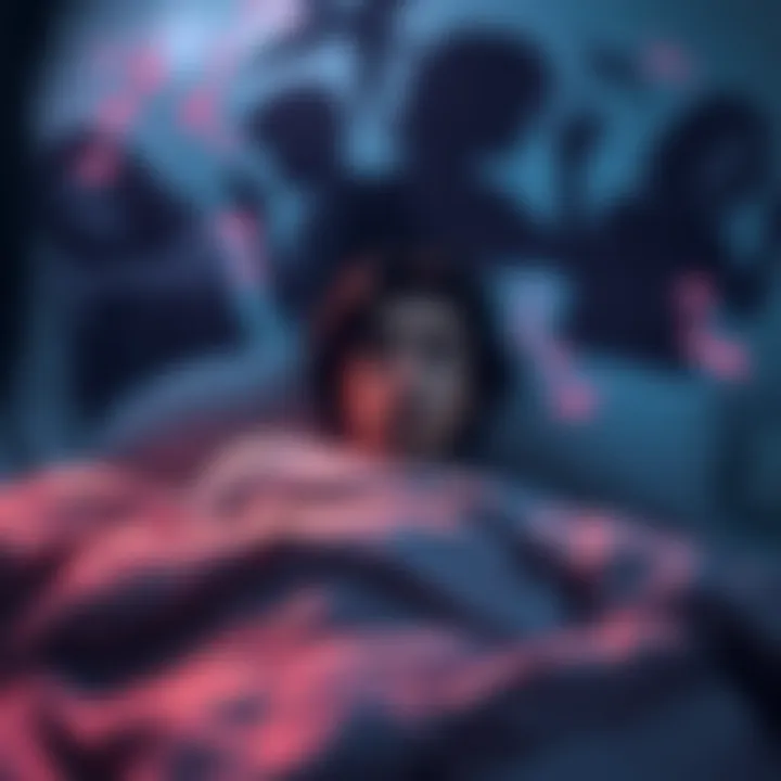 A person lying in bed with a confused expression, surrounded by blurred shadows representing familiar voices and dreams.
