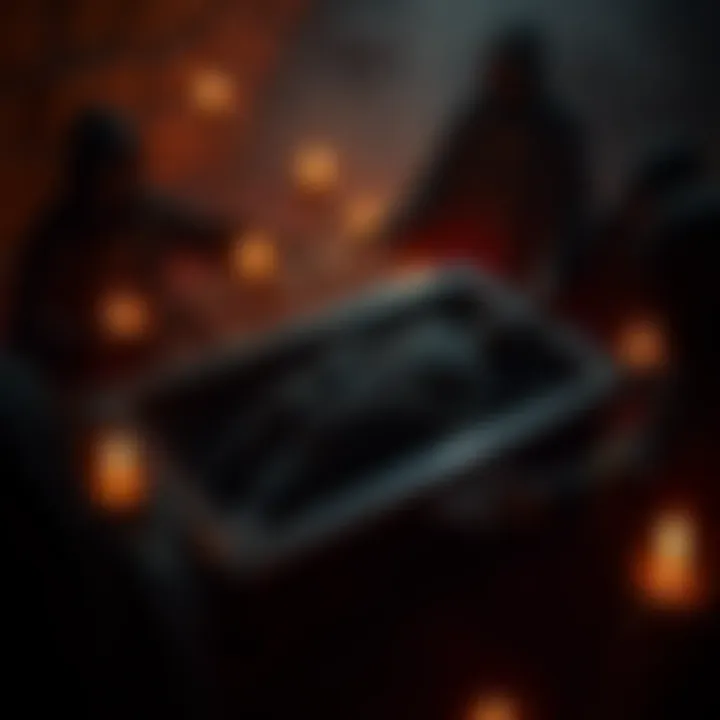 A person lying in a dark casket surrounded by shadowy figures involved in a sacrificial ritual, with an atmosphere of tension and chaos.