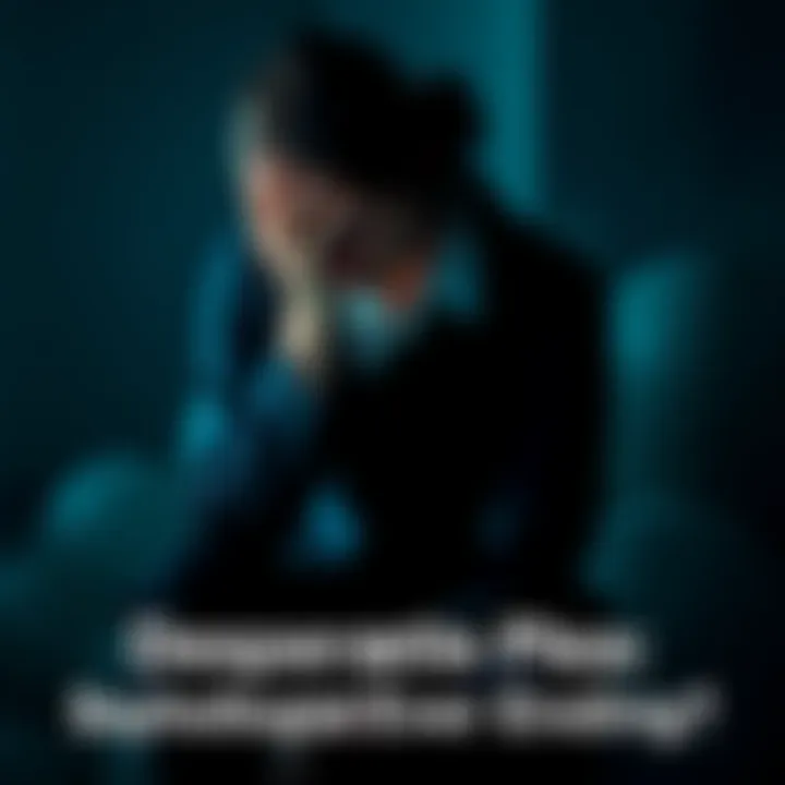 Individual sitting alone with a pained expression, head in hands, reflecting emotional pain, surrounded by dark shadows symbolizing despair.