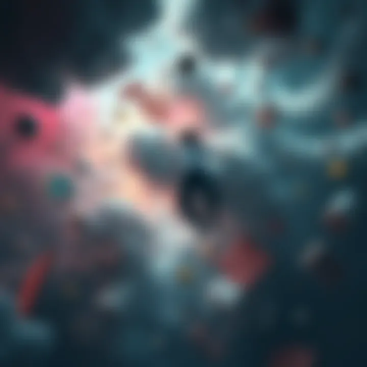 A person floating in a surreal dream world surrounded by unusual shapes and colors, reflecting the chaos of lucid dreams.