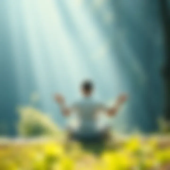 A person sitting cross-legged in meditation, surrounded by soft light and calming nature, reflecting on their spiritual journey.