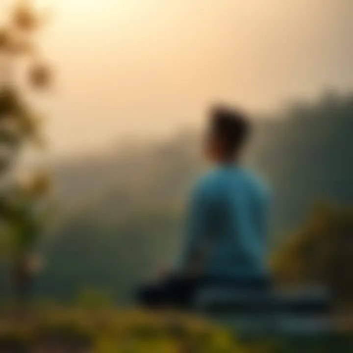 A person meditating in a serene environment, reflecting on self and identity while surrounded by nature.