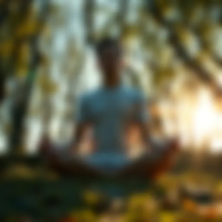 Individual meditating in nature, surrounded by trees and sunlight, symbolizing awakening and enlightenment.