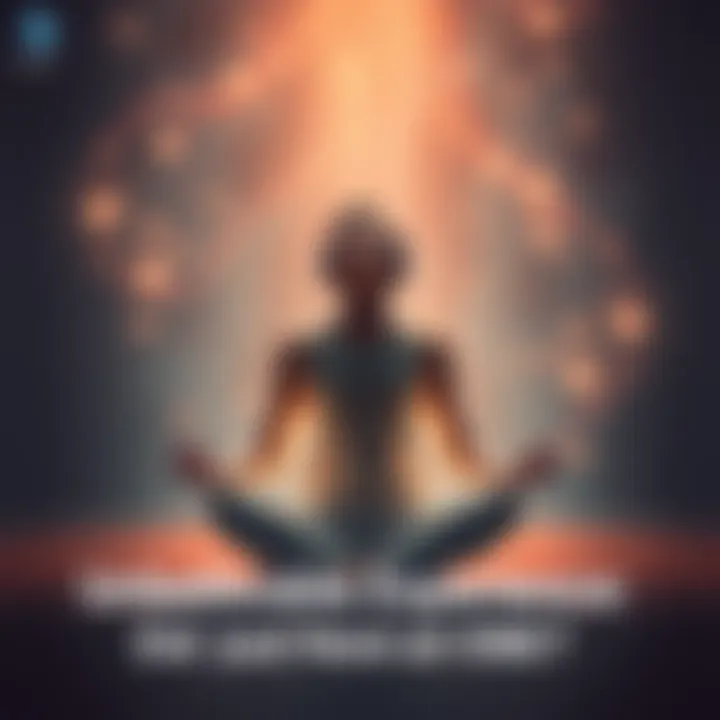 Individual sitting cross-legged, eyes closed, surrounded by a soft glow while listening to audio, suggesting an out-of-body experience