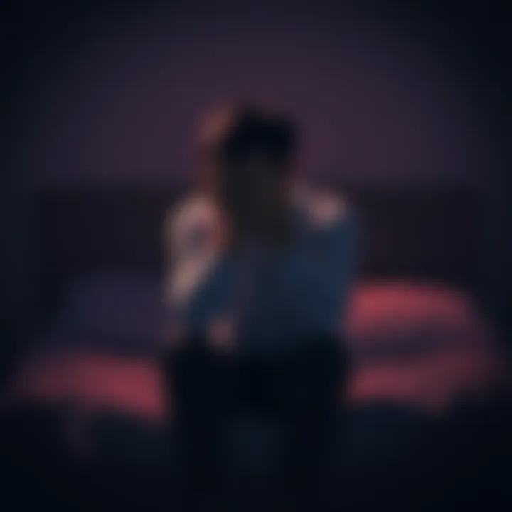 A person sitting alone on a bed, surrounded by dim light, showing signs of distress and isolation, with their hands covering their face.