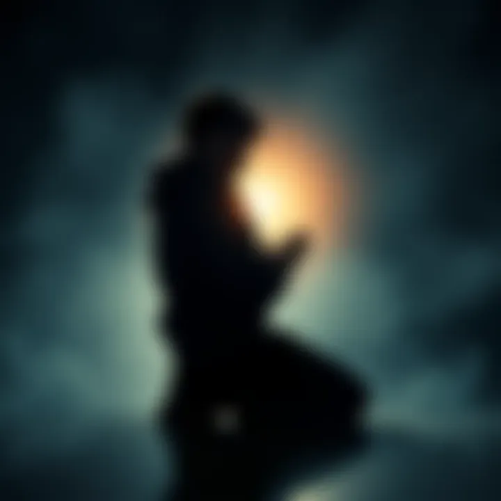 A person kneeling in prayer with a look of concern and doubt, surrounded by a soft, glowing light, symbolizing their internal struggle with faith.