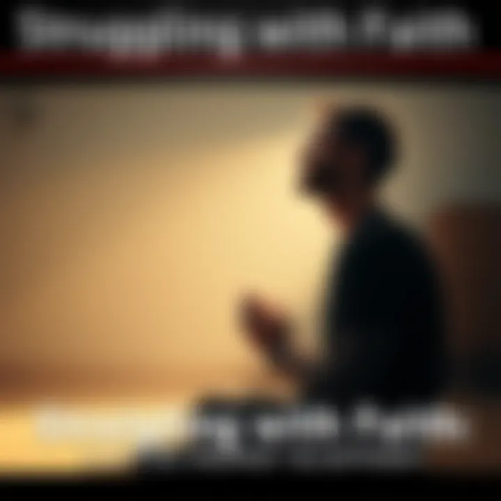 Individual sitting alone in a quiet room, hands clasped in prayer, looking up with a hopeful expression, surrounded by soft light