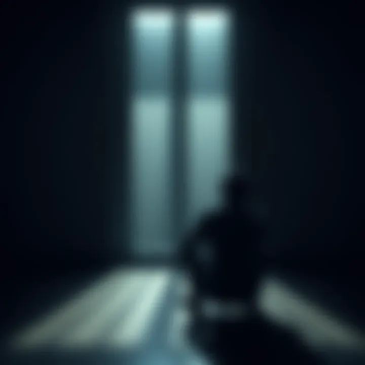 A person sitting alone in a dimly lit room, looking contemplative with shadows on the walls, symbolizing feelings of guilt and separation from God.