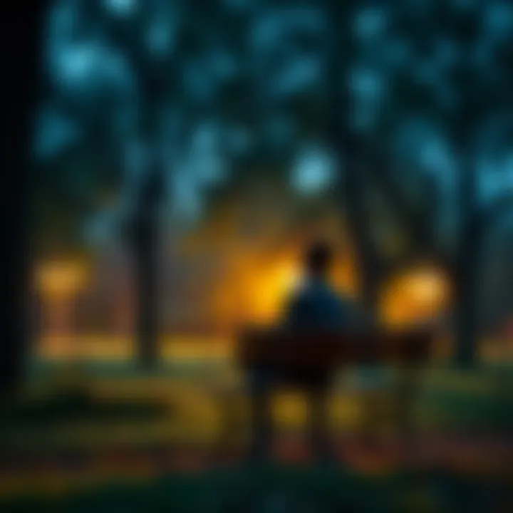 A person sitting on a park bench, deep in thought, surrounded by trees, symbolizing contemplation of life and struggles.