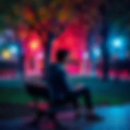 A person sitting on a park bench, looking contemplative while watching the trees change colors around them, symbolizing change and the search for connection.
