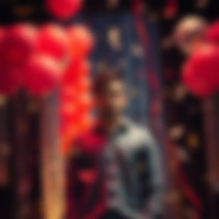 A person standing with a blank expression after receiving an award, surrounded by balloons and confetti, showing a sense of indifference to the celebration.