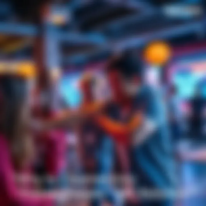 A person appears to be playfully pushing another person, causing a humorous reaction in a social setting