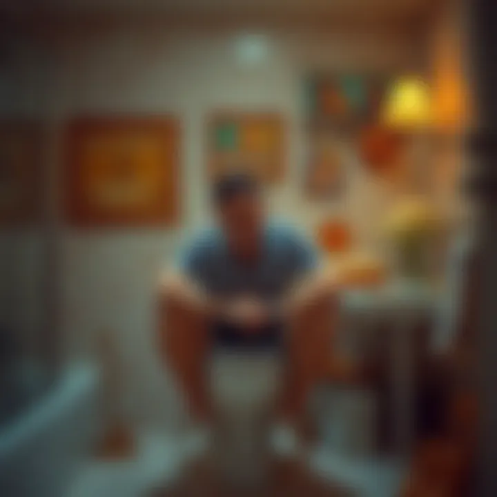 A person sitting on a toilet with a playful expression, enjoying the smell of their own fart, surrounded by humorous bathroom decor.