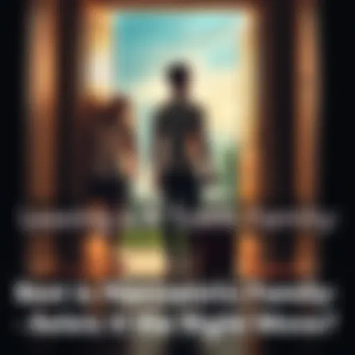 A young adult stands at a doorway, looking back at a distressed family behind them while holding a suitcase, symbolizing the decision to leave a narcissistic family for better support.