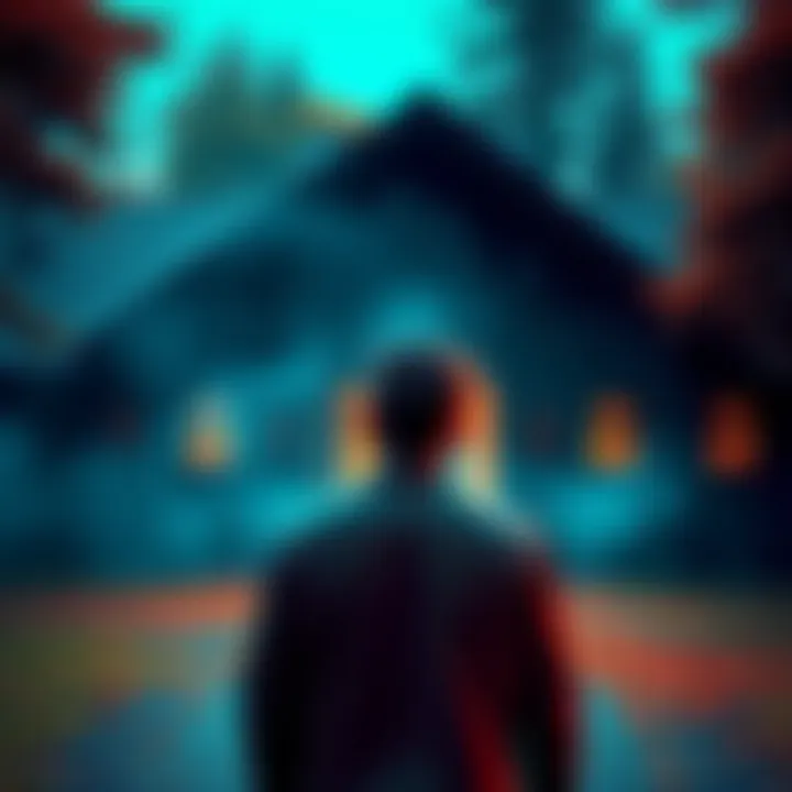Person leaving a lodge A person walks away from a traditional lodge building, reflecting on their decision to leave, with a thoughtful expression
