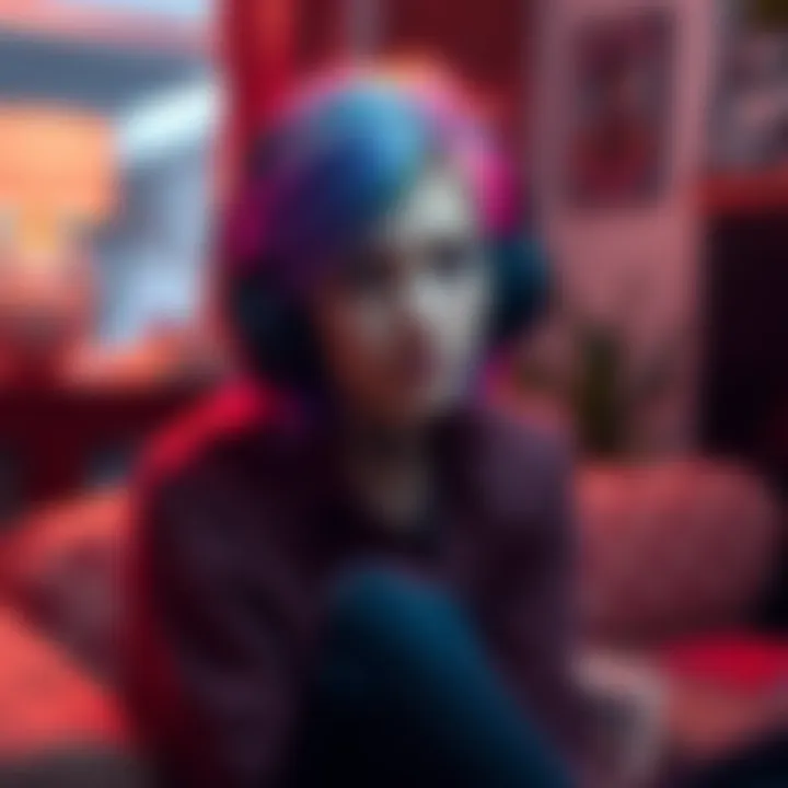A person with headphones sitting in a cozy room, focusing on changing their appearance through subliminal audio. They have colorful hair and bright eyes, symbolizing the traits they wish to alter.