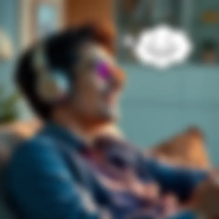 Person listening to subliminal messages A person wearing headphones, sitting comfortably while listening to subliminal messaging about dental health, with a thought bubble showing a smile with intact teeth.