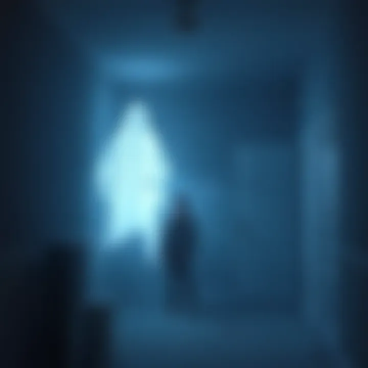A person stands in a dimly lit room, looking at a translucent ghostly figure that appears to be floating nearby. The room has an eerie atmosphere with shadows and soft light creating a mysterious vibe.