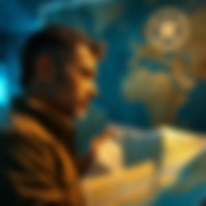 Individual studying a map with a thoughtful expression, reflecting on migration plans influenced by astrological events.