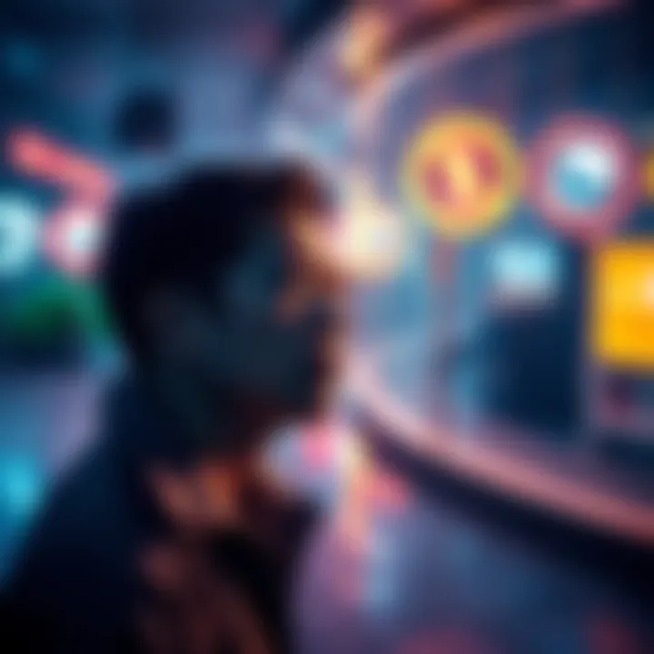 Individual gazing at unusual signs in a surreal environment, reflecting confusion and curiosity about mental health perceptions.
