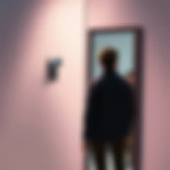 A person stands beside a mirror, looking away thoughtfully, promoting self-acceptance without focusing on their reflection.