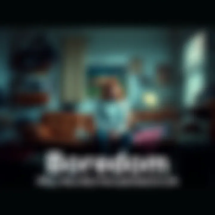 A person sitting on a couch with a blank expression, surrounded by a messy room, indicating feelings of boredom.