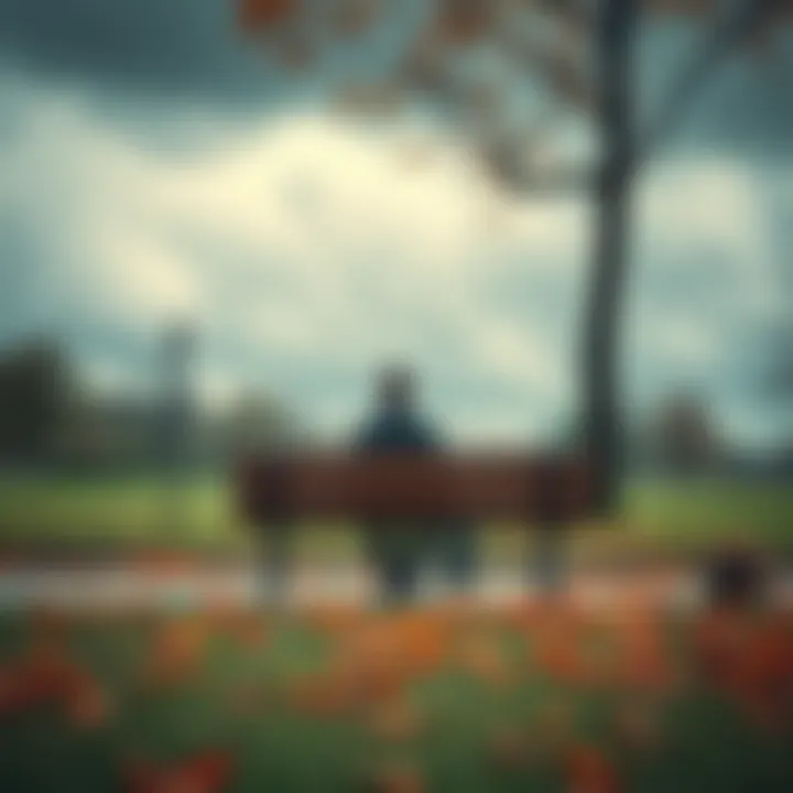 A person sitting alone on a park bench, deep in thought, surrounded by fallen leaves and a cloudy sky, reflecting feelings of uncertainty and searching for purpose.