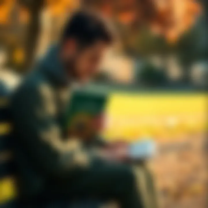 A person sits on a bench with a downcast expression, holding a book with the title A New Earth visible. They seem deep in thought about the book's teachings.