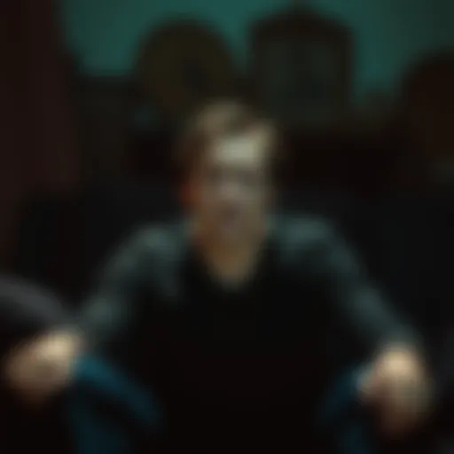 A person with a pained expression, sitting on a couch surrounded by dark shadows, symbolizing the emotional struggle of cutting ties with a toxic father.