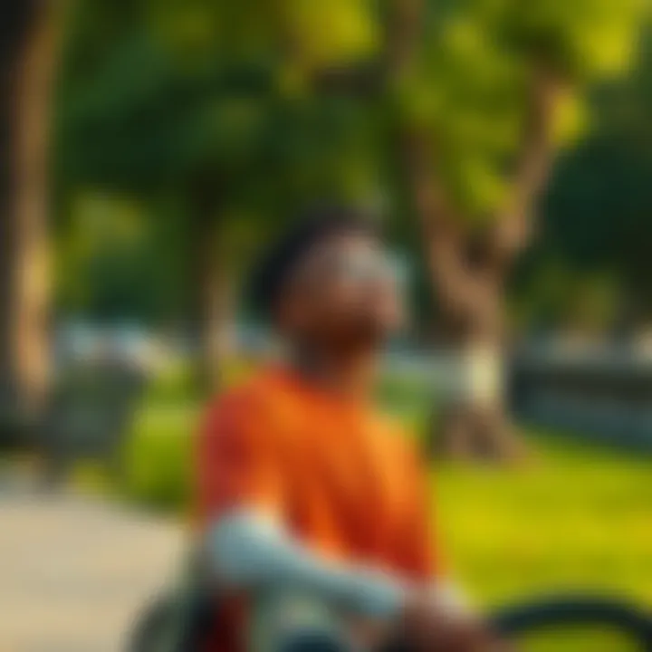 A 37-year-old person sitting on a park bench, gazing thoughtfully into the distance, symbolizing hope for the future despite current struggles
