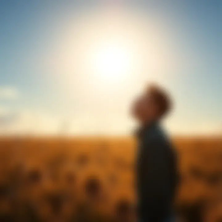 Person looking hopeful A person stands in a field with a hopeful expression, gazing towards a bright sky, symbolizing persistence in achieving dreams.