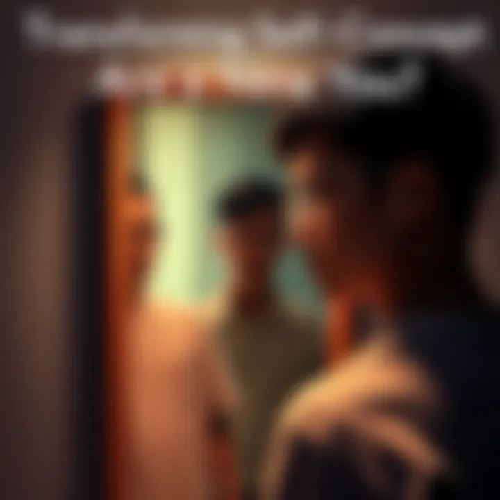 Person looking in mirror Individual standing in front of a mirror, reflecting a new self-image with a thoughtful expression