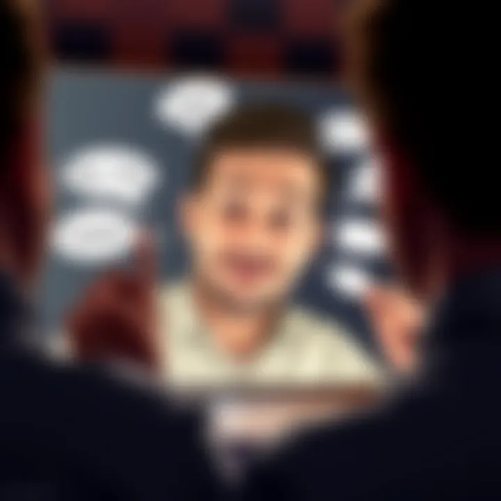 A person with a playful expression looking into a mirror, contemplating their actions while surrounded by funny thought bubbles.