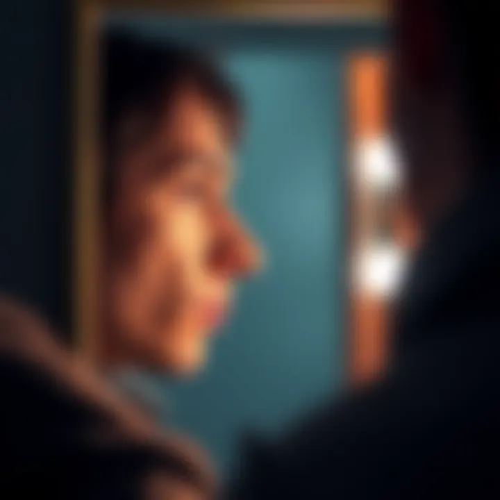 Individual gazing at their reflection, expressing feelings of insecurity about their nose