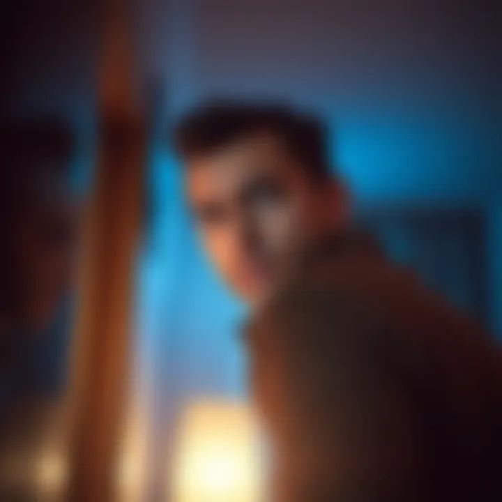 Individual with a concerned expression, glancing over their shoulder as if feeling watched, in a dimly lit room