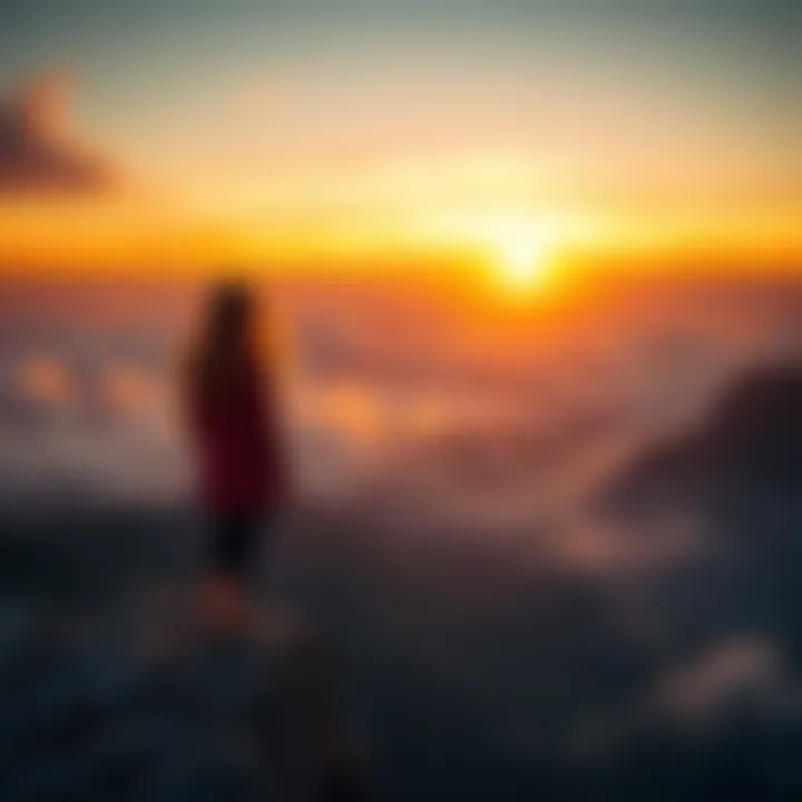 A young woman standing at the edge of a cliff, gazing towards a vibrant sunset, symbolizing her desire to escape her current life