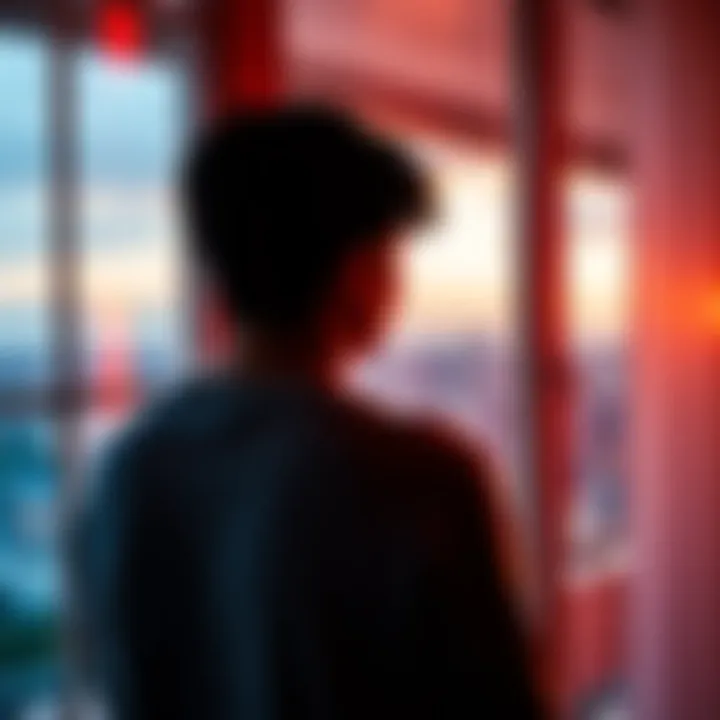 Individual gazing thoughtfully out of a window, considering life choices and future opportunities