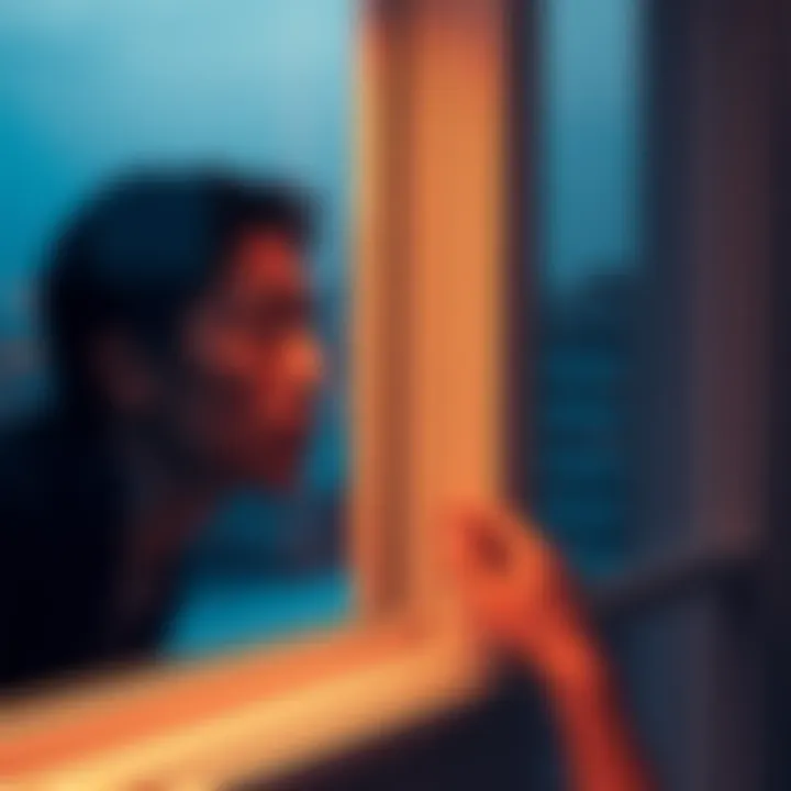 A person gazing out a window with a thoughtful expression, pondering their thoughts while observing the outside world.