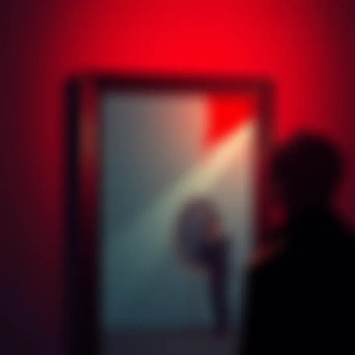 A solitary person gazing into a mirror that reflects a distorted image, symbolizing feelings of disconnection and existential thoughts.