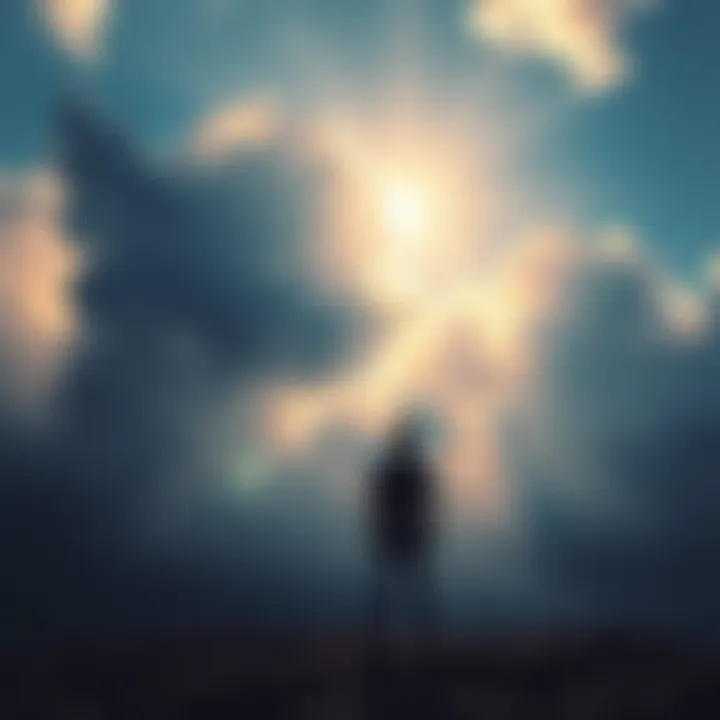 Individual standing alone, gazing upwards as clouds part to reveal light, symbolizing a search for guidance from spirit guides.
