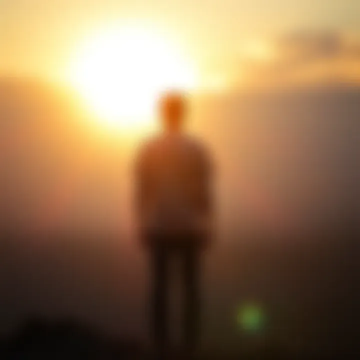 Individual standing alone, gazing at a bright sunrise, symbolizing hope and new beginnings.