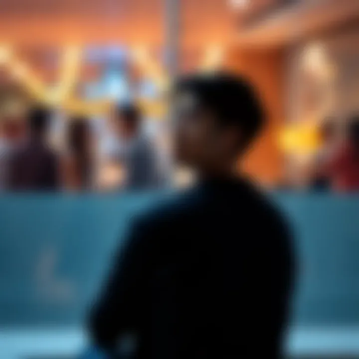 An introverted person sitting alone, looking thoughtful while observing a group of friends chatting, showcasing an expression of curiosity and concern about social interactions.
