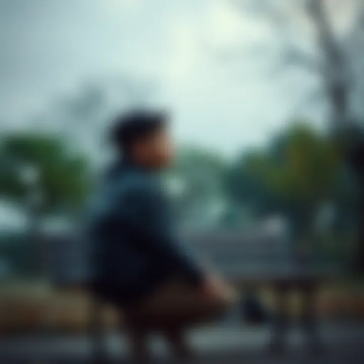 A person sitting alone on a bench, looking contemplative with a distant expression, surrounded by trees on a cloudy day.