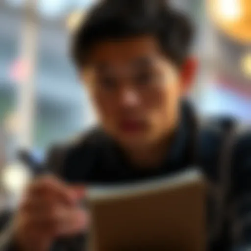 Person looking thoughtful A person with a pensive expression, contemplating challenging words to say, with a notebook and pen in hand.