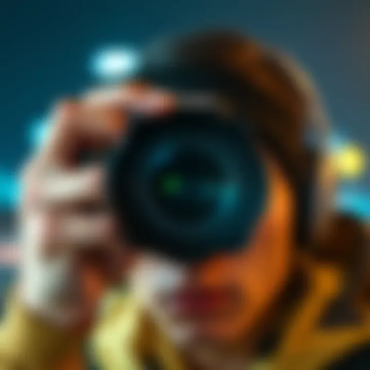 A person peering through a camera lens, contemplating perception and self-awareness.