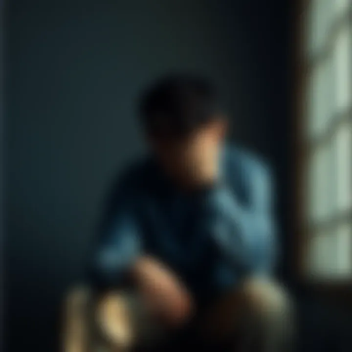 A distressed individual sitting alone, showing signs of emotional distress and confusion, with shadows suggesting outside influences and manipulation.