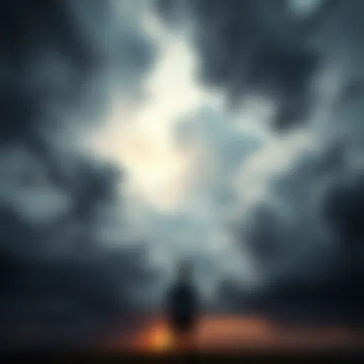 Person looking up at dark clouds A person stands alone, gazing up at ominous dark clouds, symbolizing existential fears about God's nature.